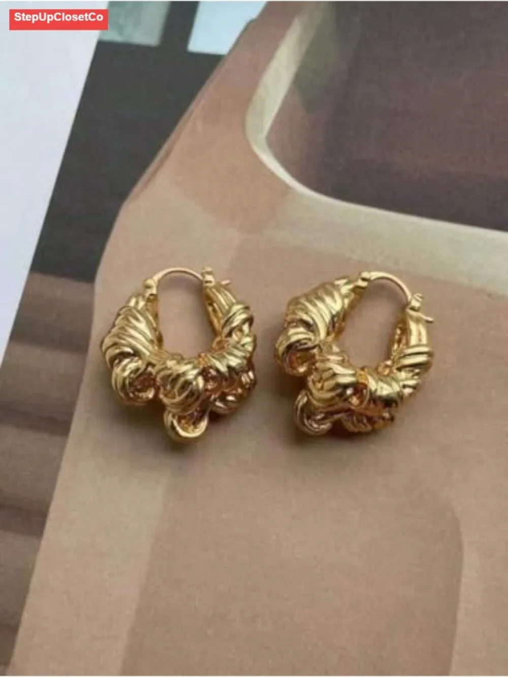 Y2K Gold Bamboo Hoop Knot Twist Earrings for Women Large Thick Hoop Jewelry